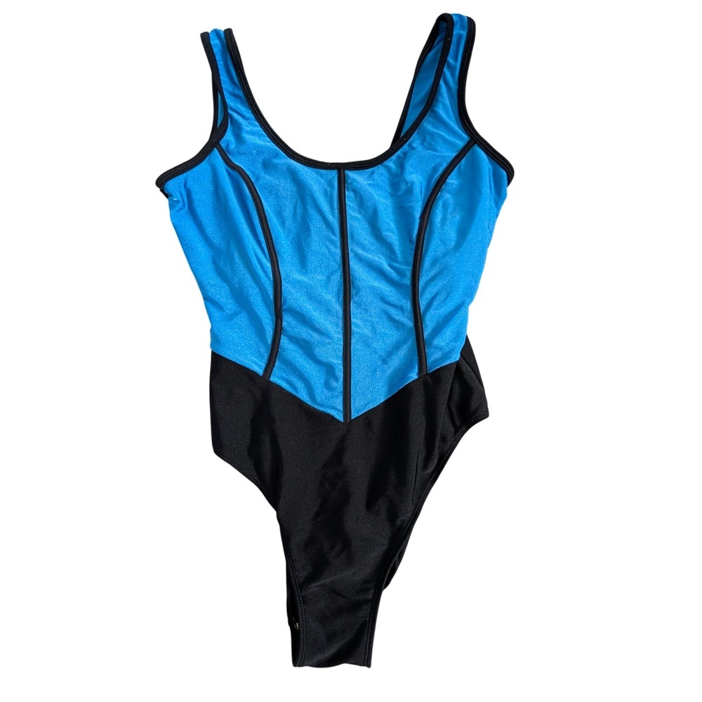 Vintage 90s Colorblock One Piece Tank Swimsuit Medium Blue Black Shelf Bra Retro